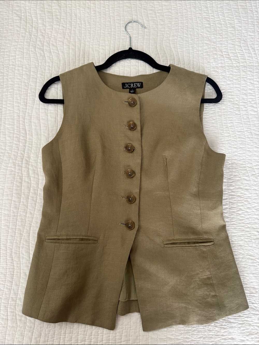 J.Crew Olive Sleeveless Linen Button-Front Vest